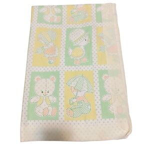 BABYCARE Baby Crib Blanket w/Yellow Satin Trim Bears Girls Vintage 70s 80s